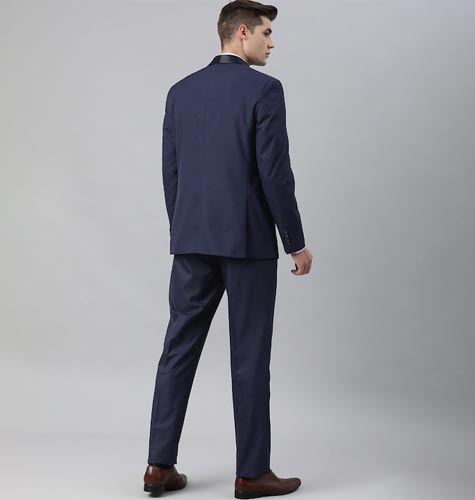 Men Navy Blue Self Design Slim Fit 2 Piece Tuxedo Suit